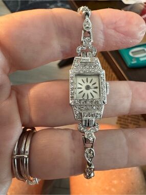 Platinum 900 and 14k stamps Vintage-Inspired Silver diamond Ladies Bracelet Watc